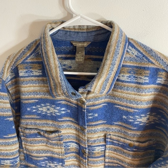 Bit & Bridle Southwestern Aztec Shirt Jacket 1X Blue Tan Women’s Button Down - Picture 2 of 8